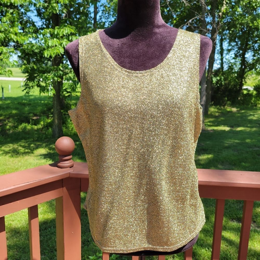 Vintage Nan Flower Gold Metallic Sleeveless Round Neck Tank Top Size L